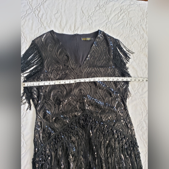 Gatsby Flapper Dress 1920s Inspired Black Fringe W/ Shimmer Sequin, Vintage Glam - Picture 4 of 12